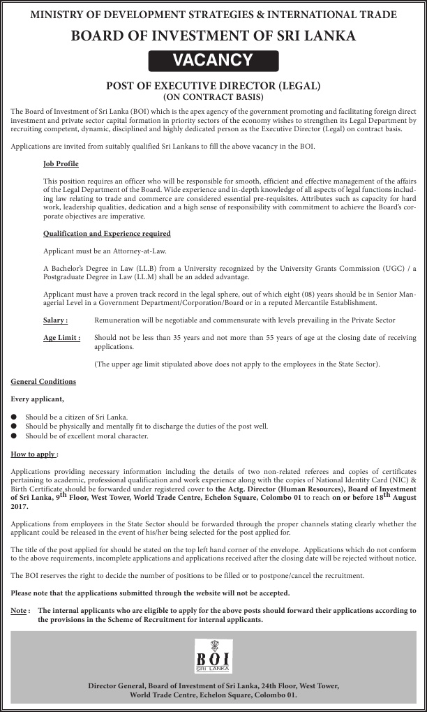 Executive Director (Legal) - Board of Investment of Si Lanka